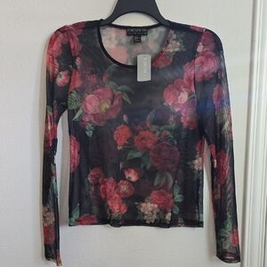 Forever 21 Women's Floral Mesh Top - Black and Red